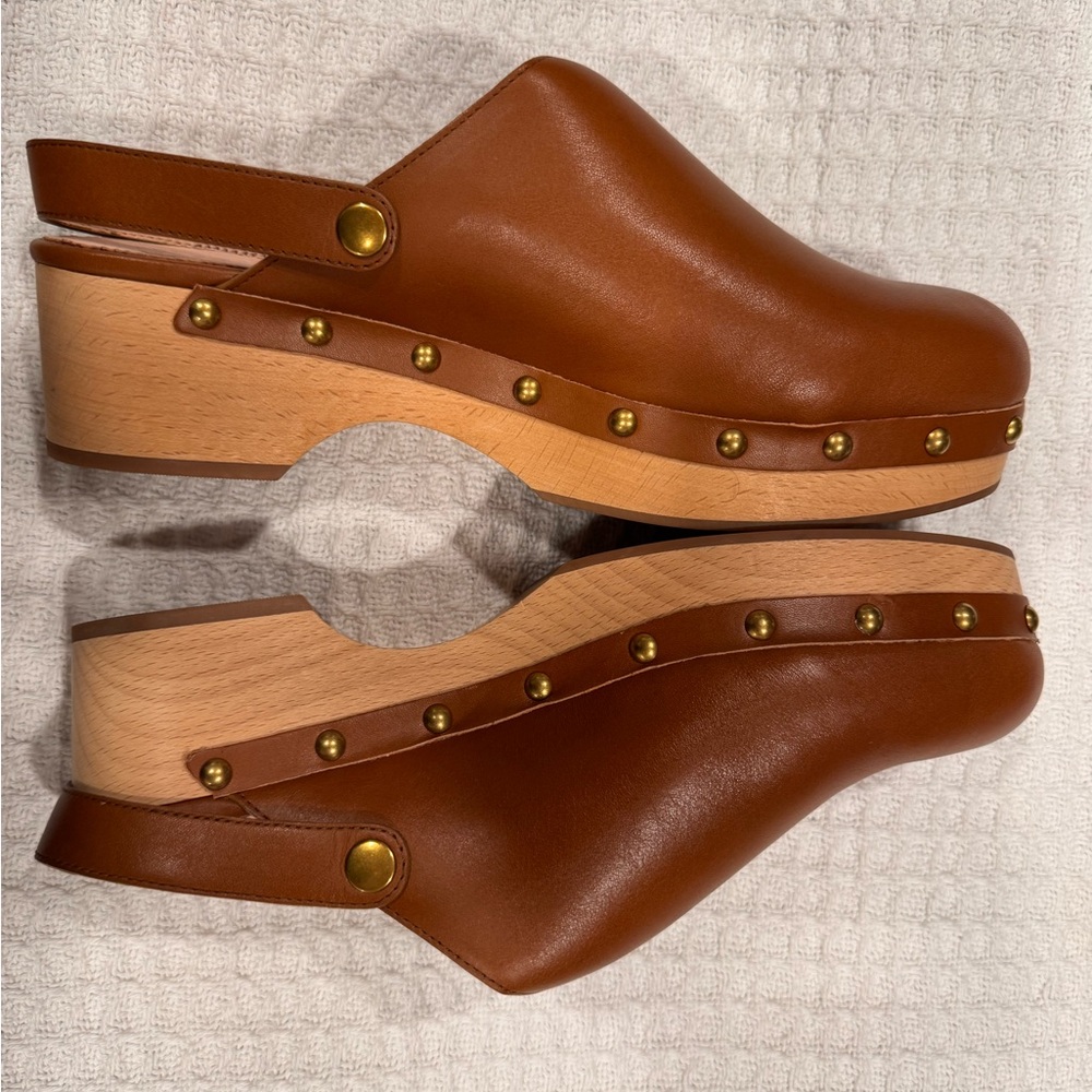 J. Crew Tan Leather Mules with Gold Studs - Like New